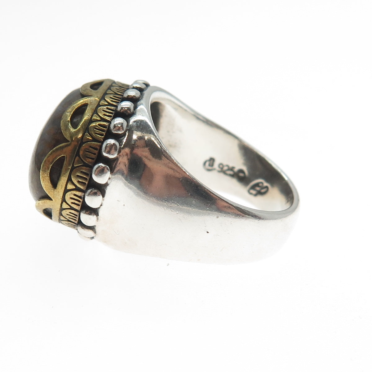 CAROLYN POLlACK 925 Sterling Silver 2-Tone Vintage Real Agate Ring Size 6.5