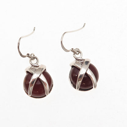 925 Sterling Silver Vintage Real Carnelian Modernist X-Shape Dangle Earrings