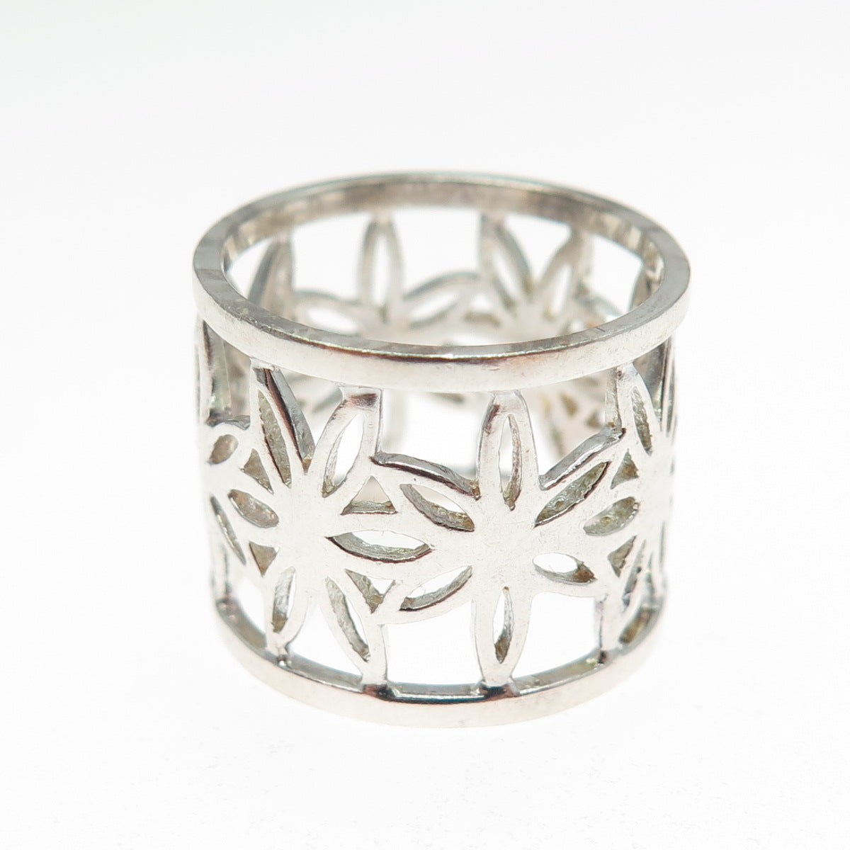 925 Sterling Silver Vintage Flower Wide Band Ring Size 7.25