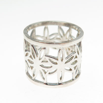 925 Sterling Silver Vintage Flower Wide Band Ring Size 7.25