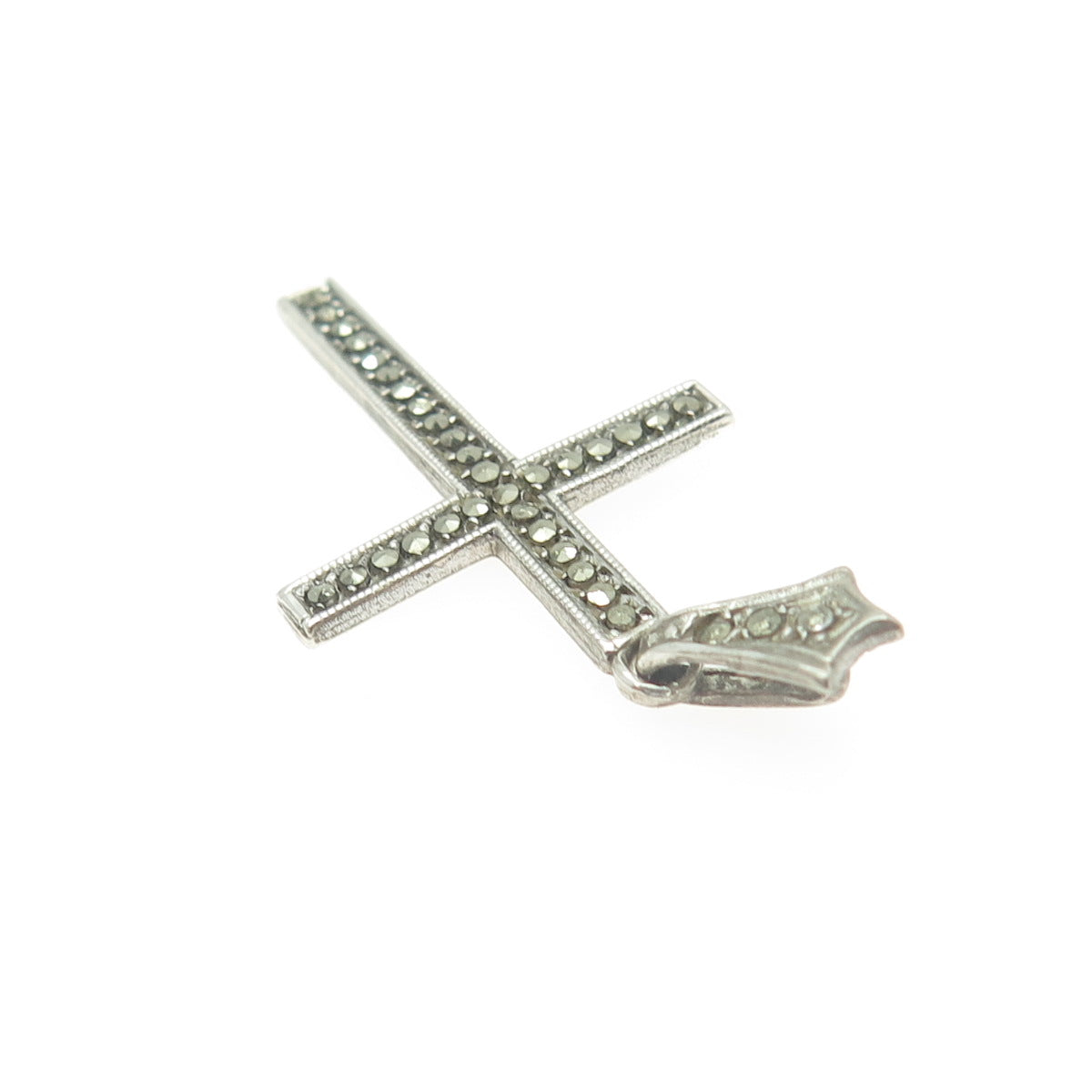 925 Sterling Silver Antique Art Deco Real Marcasite Gemstone Cross Pendant