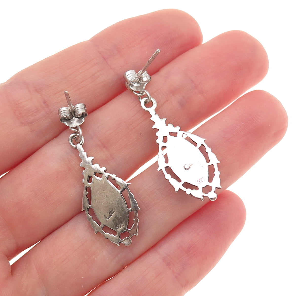 925 Sterling Silver Vintage Real Turquoise Floral Oxidized Dangle Earrings