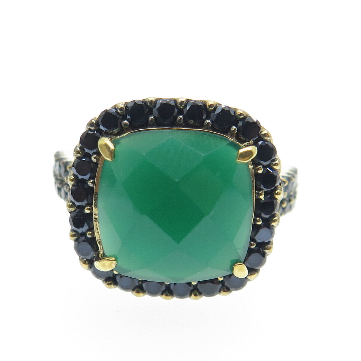 925 Sterling Silver Gold Plated Real Green Onyx & Black Spinel Ring Size 7.25