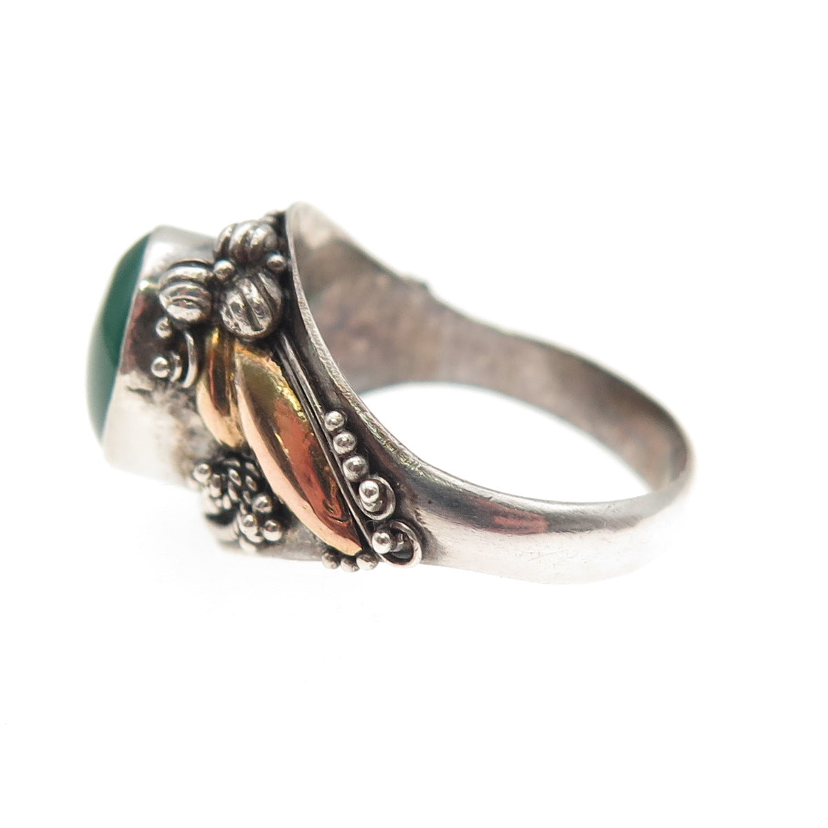 925 Sterling Silver & Gold Vintage Real Green Onyx Oxidized Ring Size 7.25