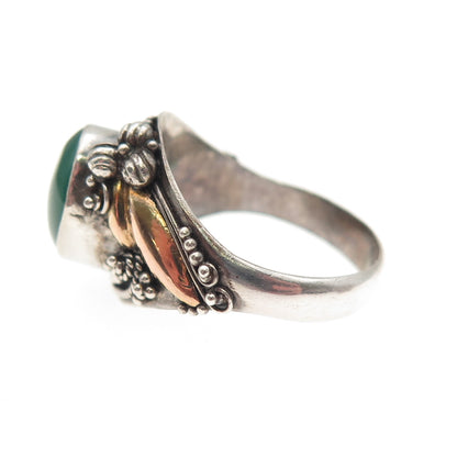 925 Sterling Silver & Gold Vintage Real Green Onyx Oxidized Ring Size 7.25