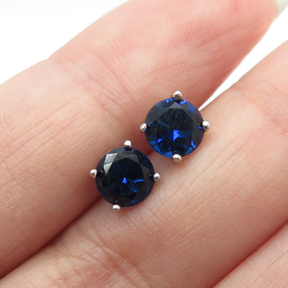 925 Sterling Silver Round-Cut Blue C Z Stud Earrings