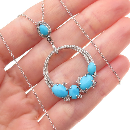 925 Sterling Silver Real Turquoise White Topaz Crescent Cable Chain Necklace 20"