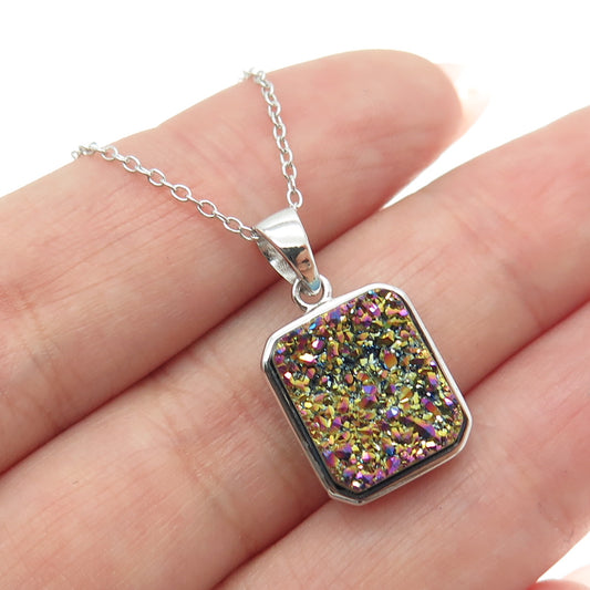 925 Sterling Silver Real Multi-Color Druzy Cable Chain Necklace 18"