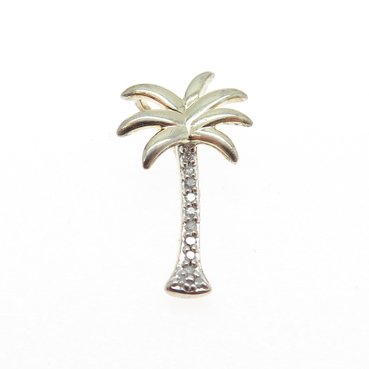 SUN 925 Sterling Silver 2-Tone Real Round-Cut Diamond Palm Tree Slide Pendant