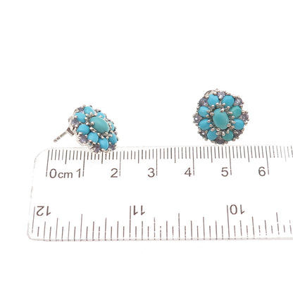 Chuck Clemency 925 Sterling Silver Real Turquoise & Tanzanite Floral Earrings