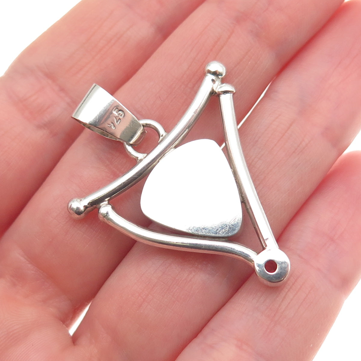 925 Sterling Silver Vintage Real Abalone Shell & Red Garnet Modernist Pendant