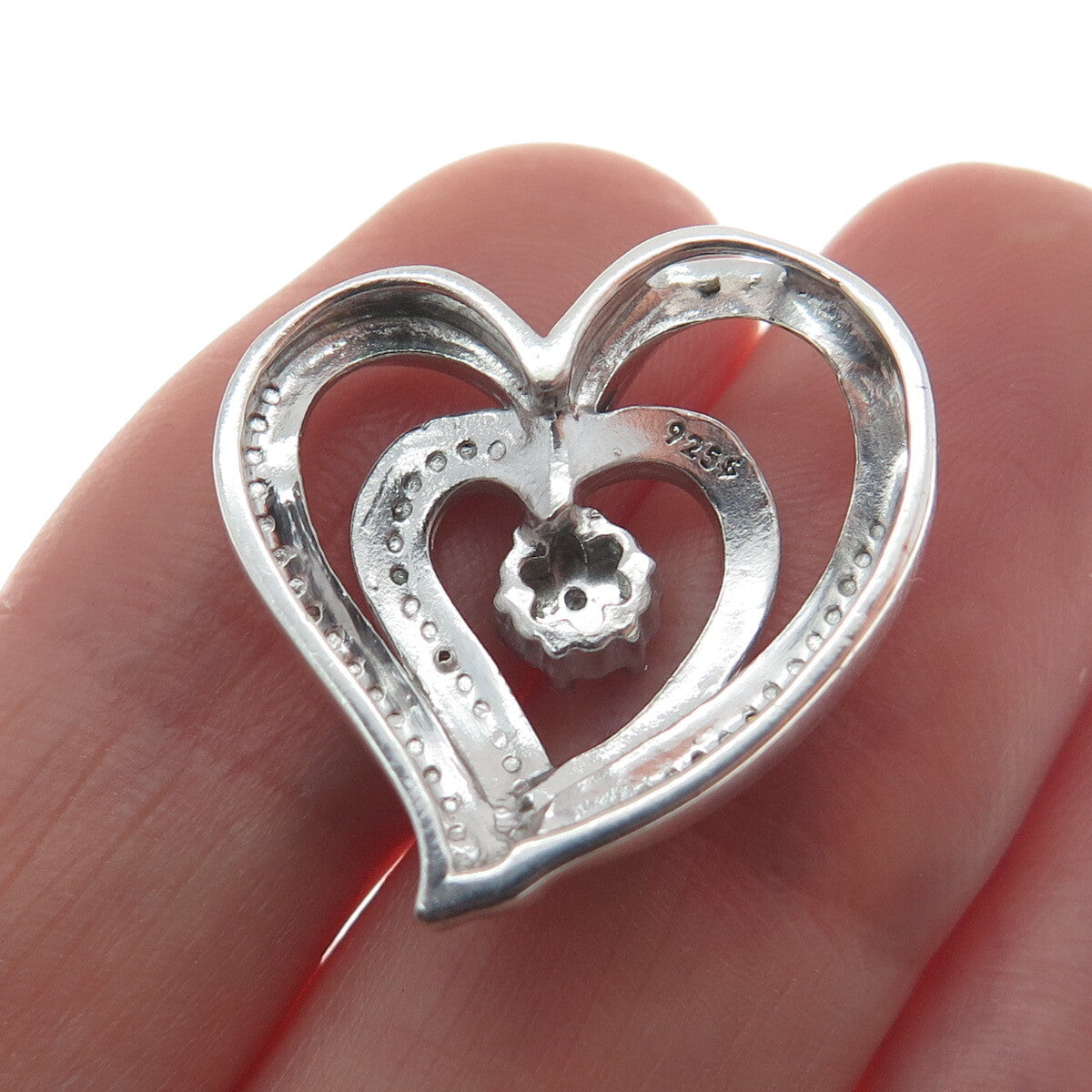 925 Sterling Silver Real White Diamond Open Double Heart Slide Pendant