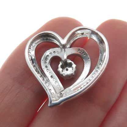 925 Sterling Silver Real White Diamond Open Double Heart Slide Pendant