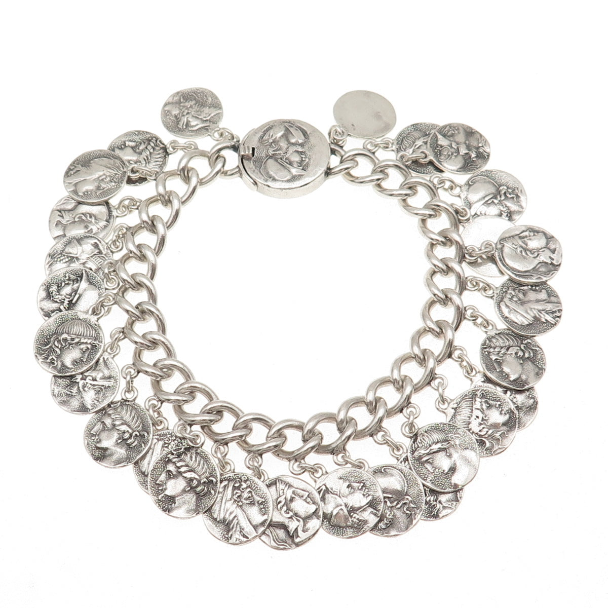 925 Sterling Silver Antique Art Deco Roman Coin Cha Cha Charm Bracelet 7" #1156