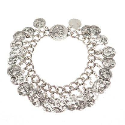 925 Sterling Silver Antique Art Deco Roman Coin Cha Cha Charm Bracelet 7" #1156