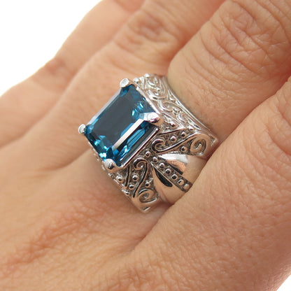 925 Sterling Silver Vintage Real Emerald-Cut Swiss Blue Topaz Ring Size 6.25