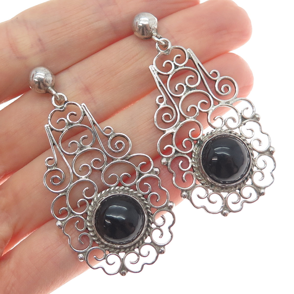 925 Sterling Silver Vintage Real Black Onyx Ornate Oxidized Dangle Earrings