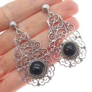 925 Sterling Silver Vintage Real Black Onyx Ornate Oxidized Dangle Earrings