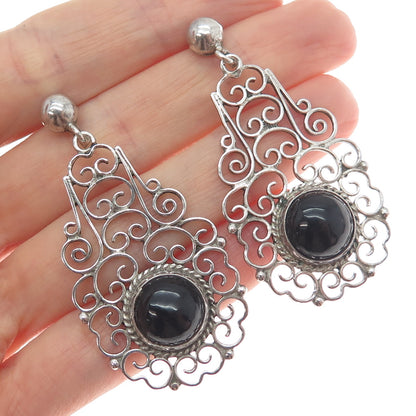 925 Sterling Silver Vintage Real Black Onyx Ornate Oxidized Dangle Earrings