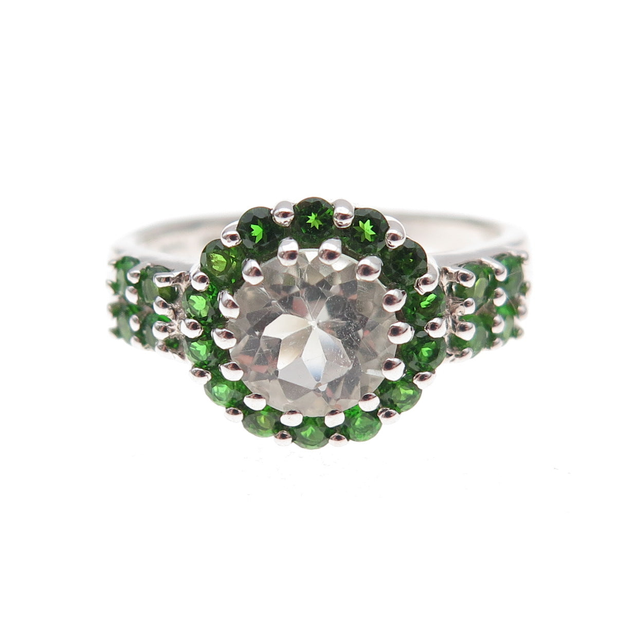 925 Sterling Silver Real Aquamarine & Chrome Diopside Ring Size 8