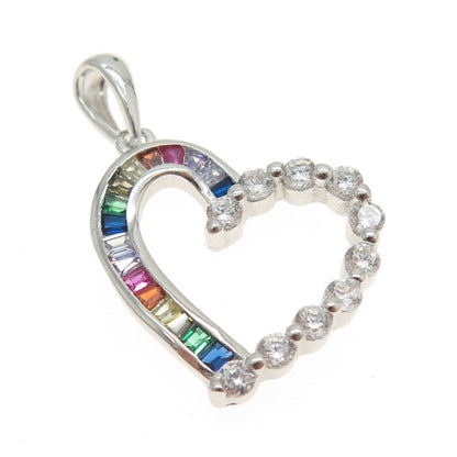 925 Sterling Silver Tapered Baguette & Round-Cut Multi-Color C Z Heart Pendant