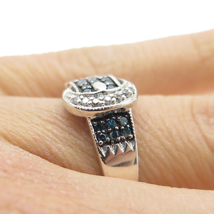 925 Sterling Silver Real Blue & White Diamond Belt Buckle Ring Size 6.25