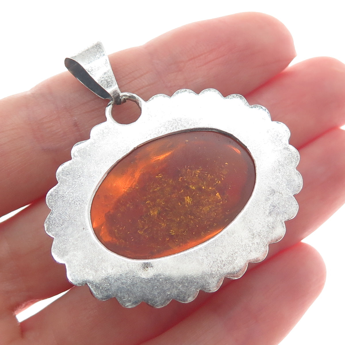 925 Sterling Silver Vintage Mexico Real Amber Beaded Oxidized Pendant