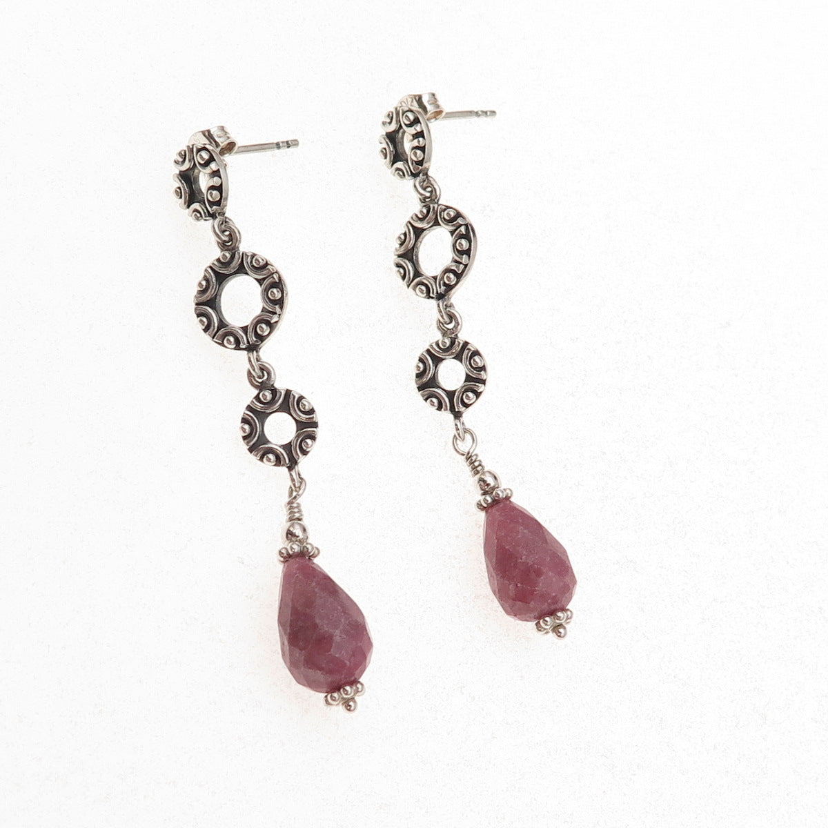 925 Sterling Silver Vintage Real Rhodonite Circle Link Oxidized Dangle Earrings