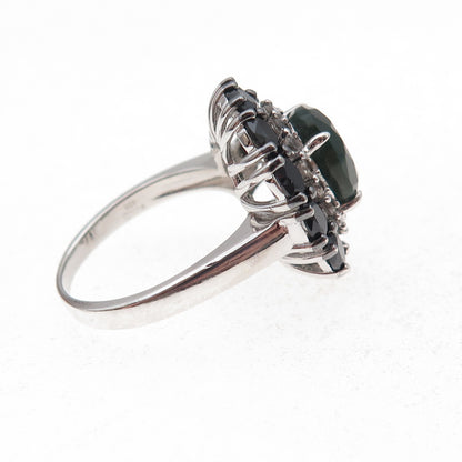 925 Sterling Silver Real Green Onyx Black Spinel & White Topaz Ring Size 6.5