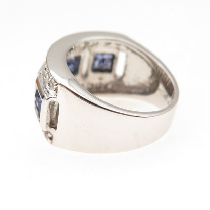 925 Sterling Silver Blue Princess & White Round-Cut C Z Ring Size 6