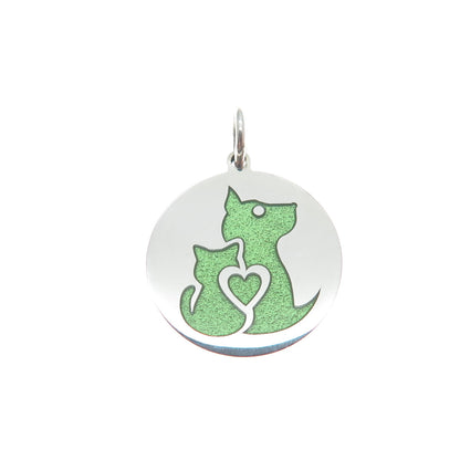 925 Sterling Silver Green Enamel Dog & Cat Friendship Minimalist Charm Pendant