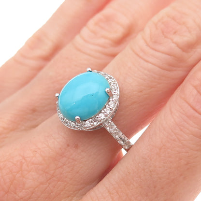 925 Sterling Silver Real Sleeping Beauty Turquoise & White Topaz Ring Size 8