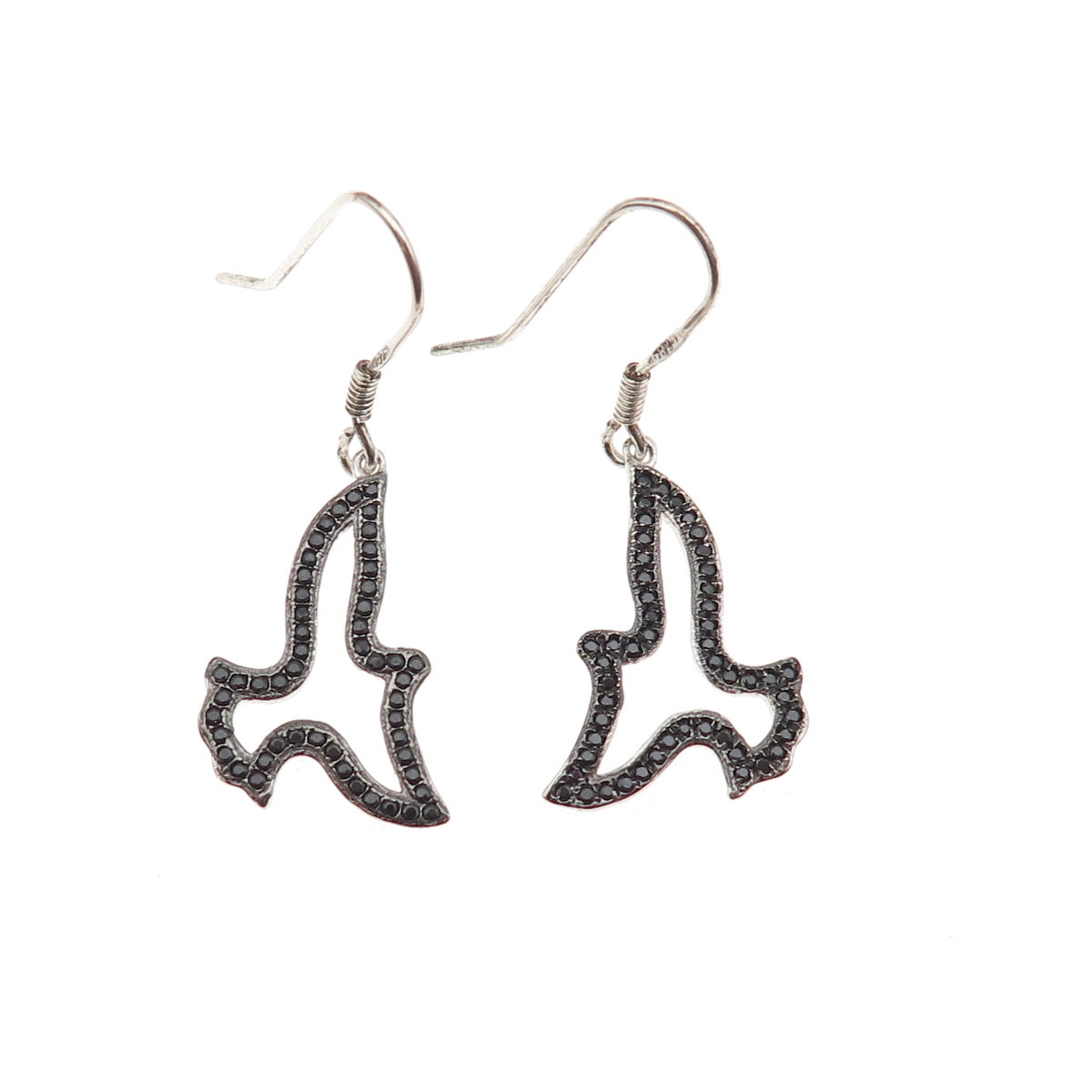 925 Sterling Silver Real Round-Cut Black Spinel Bird Dangle Earrings