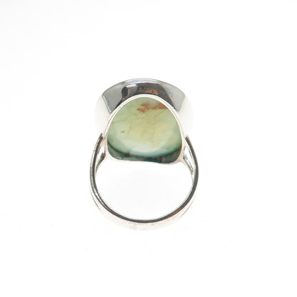 925 Sterling Silver Vintage Real Green Agate Modernist Ring Size 10