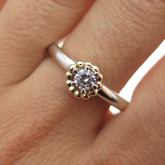 PANDORA 925 Sterling Silver & Gold Round-Cut C Z Ring Size 9