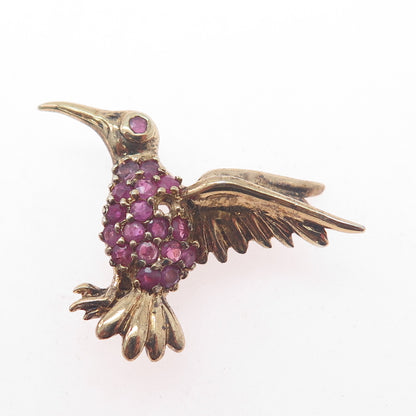 925 Sterling Gold Plated Vintage Real Ruby Hummingbird Brooch (missing 1 stone)