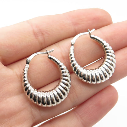 HANIN 925 Sterling Silver Ribbed Hinged Hoop Earrings