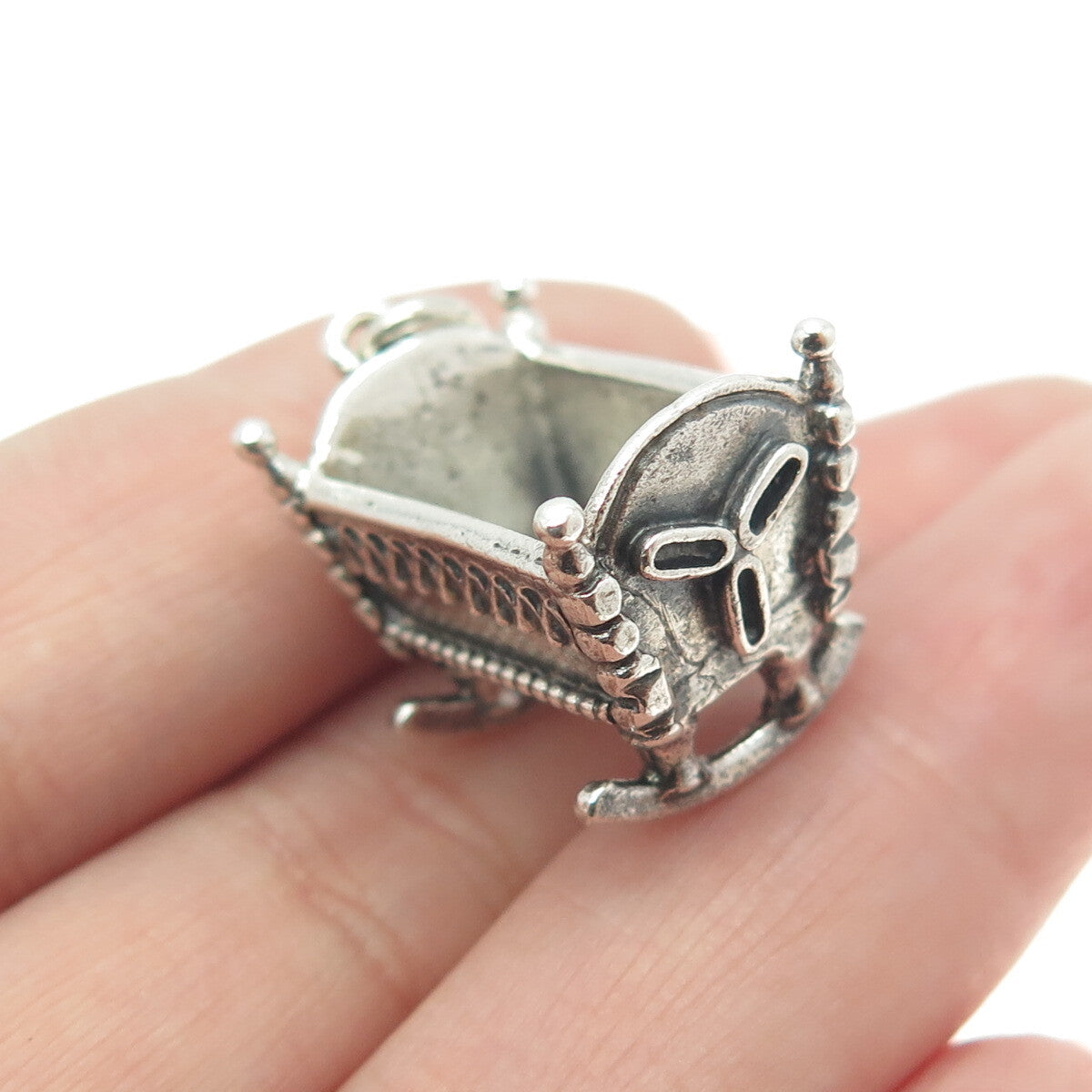 BEAU 925 Sterling Silver Vintage Baby Cradle 3D Pendant