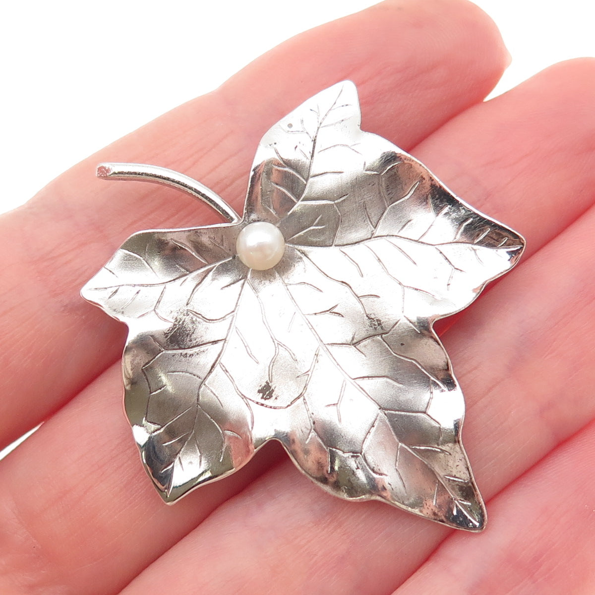 Harry S Bick 925 Sterling Silver Vintage Real Pearl Maple Leaf Pin Brooch