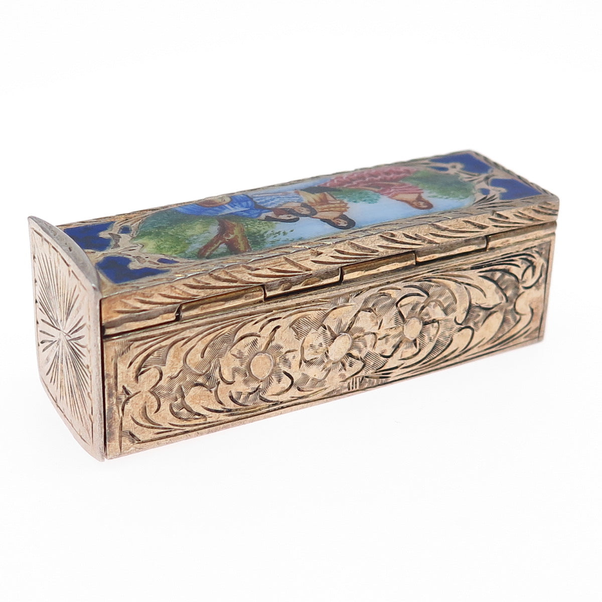 800 Silver Vermeil Antique Italy Enamel Storyteller Tube Slide Lipstick Case #58