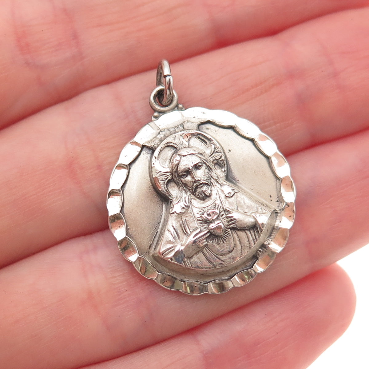 Creed Sterling Silver Antique Art Deco Jesus & St. Mary Oxidized Charm Pendant