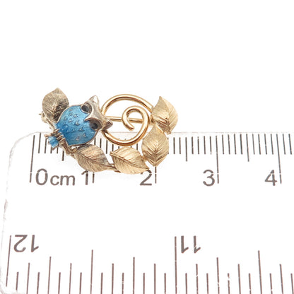Wells Sterling Silver Gold Filled Antique Art Deco Enamel Owl Floral Pin Brooch