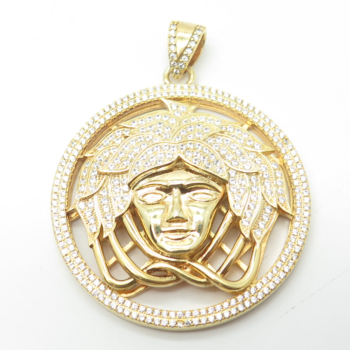 925 Sterling Silver Gold Plated Round-Cut C Z Meduza Greek Pendant