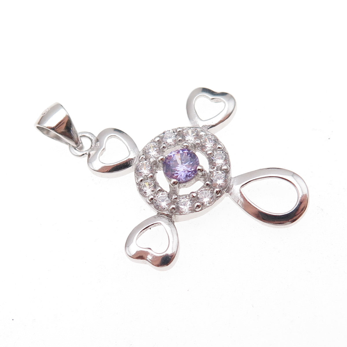 925 Sterling Silver Round-Cut Purple & White C Z Heart Cross Charm Pendant
