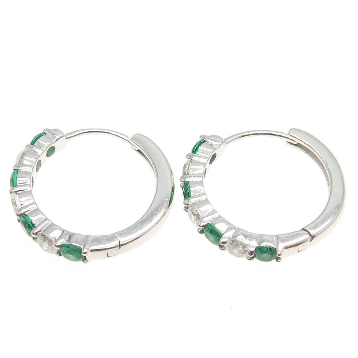 925 Sterling Silver Round-Cut Chrome Diopside & C Z Hoop Earrings