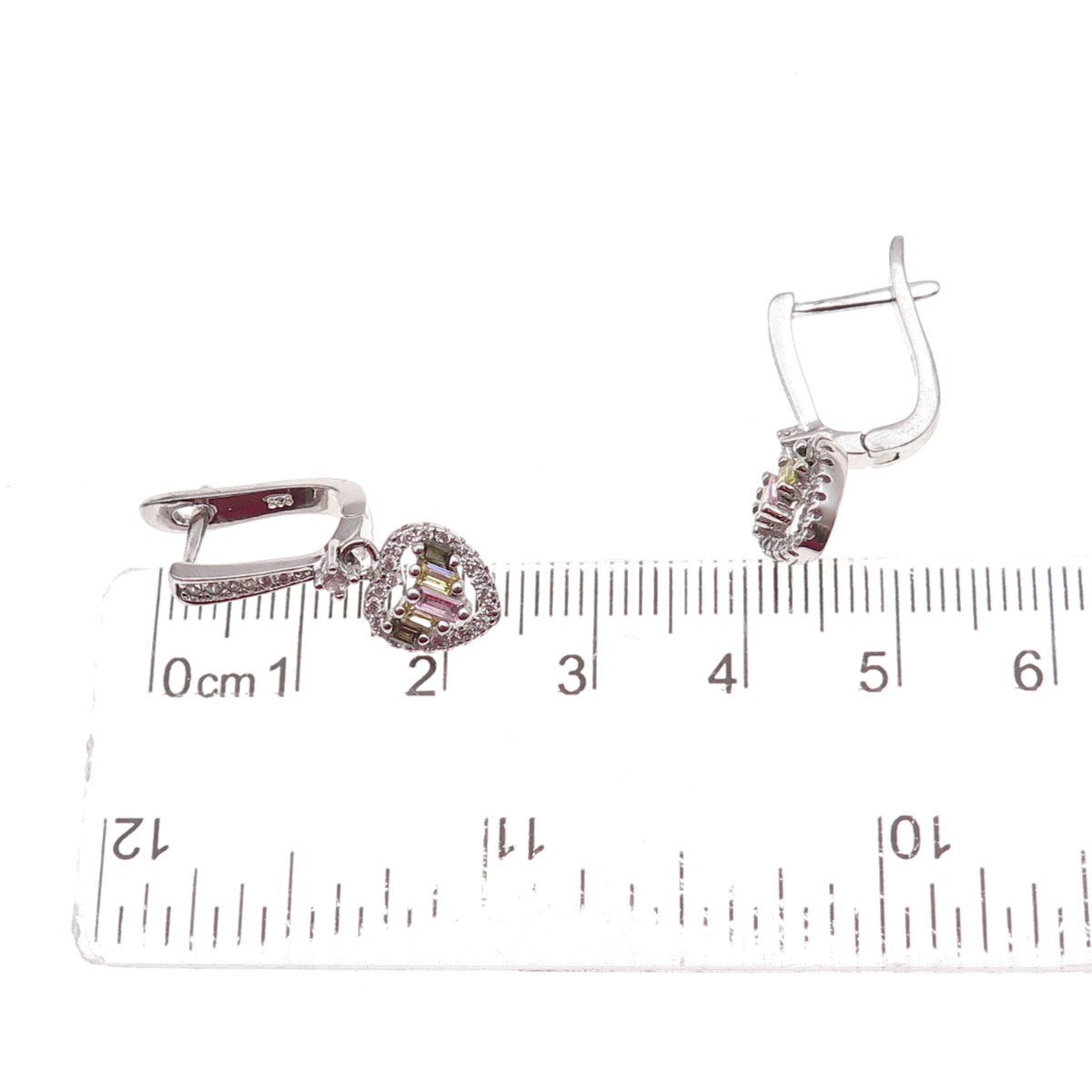 925 Sterling Silver Multi-Color C Z Heart Dangle Earrings