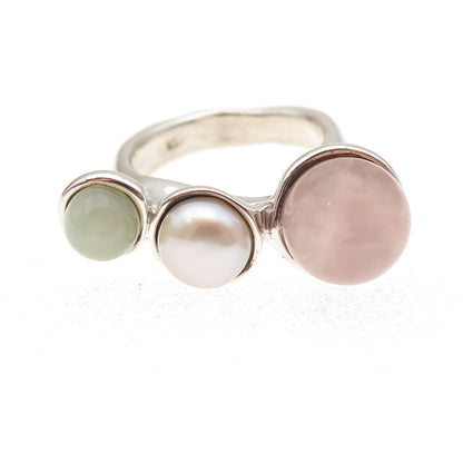 925 Sterling Silver Vintage Real Rose Quartz Jade Pearl Modernist Ring Size 7.75