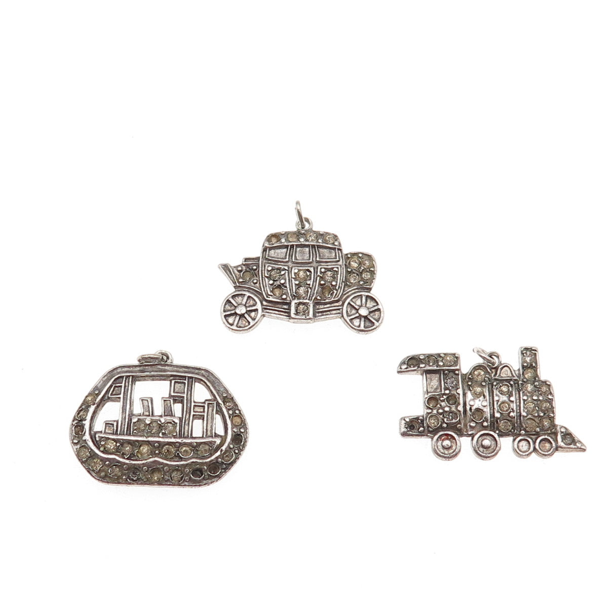 925 Sterling Antique Rhinestone Carriage Ship Train Pendants (missing 12 stones)