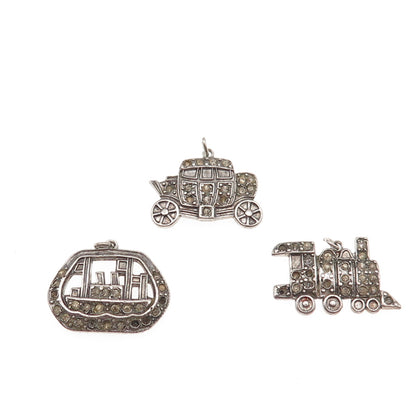 925 Sterling Antique Rhinestone Carriage Ship Train Pendants (missing 12 stones)