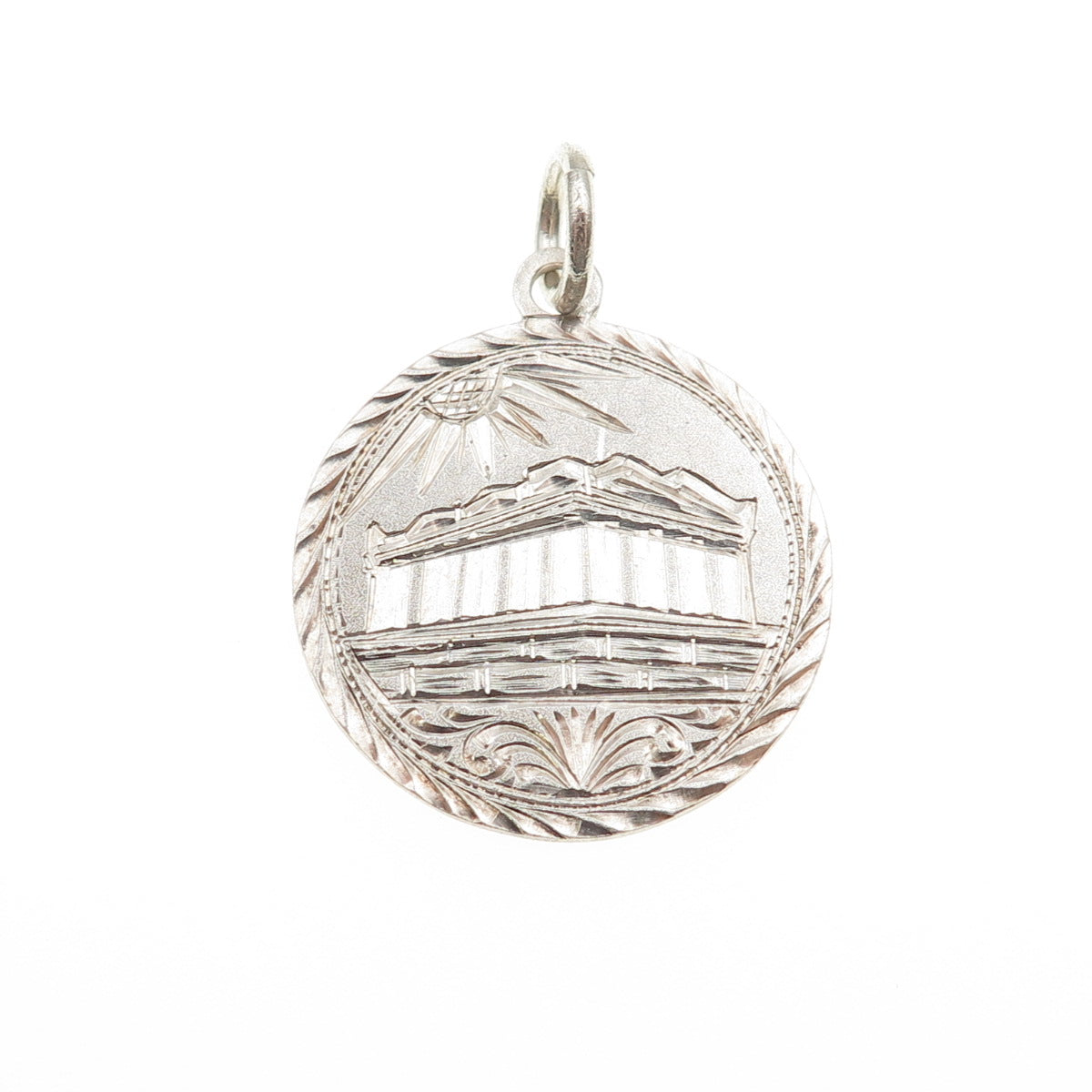 925 Sterling Silver Antique Art Deco Engraved Parthenon Token Charm Pendant